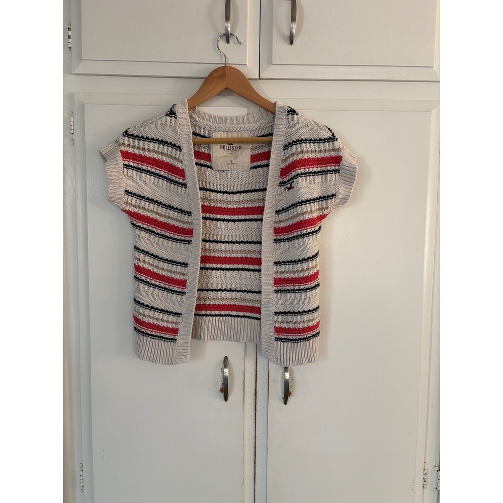 Hollister Short Sleeve Open Front Cardigan Striped Chunky Knit Sweater Cream S